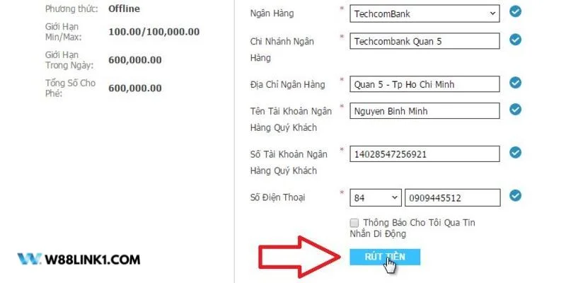 Thao tác rút tiền tại W88 chỉ diễn ra trong vòng 3 phút.